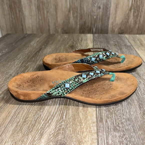 Vionic 340 Floriana Toe Post Sandal Teal Green Beaded Snake Slide Womens Size 9 - Picture 1 of 11